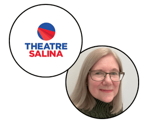 Theatre Salina logo and playwright Brigid Amos headshot