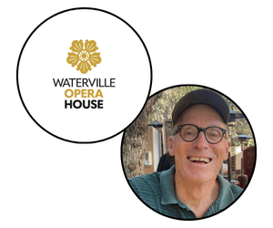 Waterville Opera House logo and playwright Mike Teverbaugh headshot