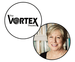 Vortex Theatre logo and playwright Nedra Pezold Roberts headshot
