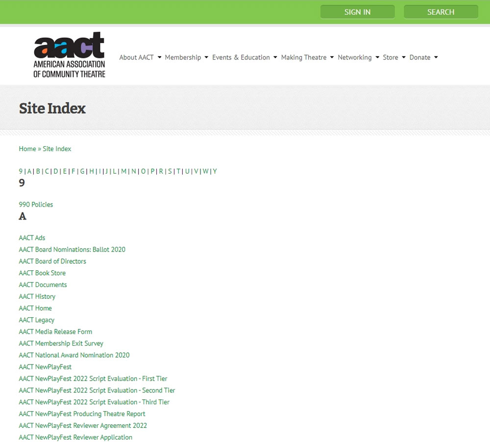 Image of the contents of the Site Index screen
